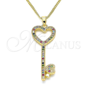 Gold Filled Necklace — Pendant Necklace key and Heart Design with Multicolor — main product view — SKU 135009 | Oro Laminado collar — Pendant Necklace key and corazón diseño with Multicolor — SKU 135009