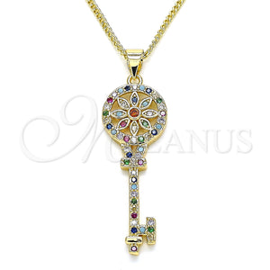 Gold Filled Necklace — Pendant Necklace key and Flower Design with Multicolor — main product view — SKU 135012 | Oro Laminado collar — Pendant Necklace key and flor diseño with Multicolor — SKU 135012