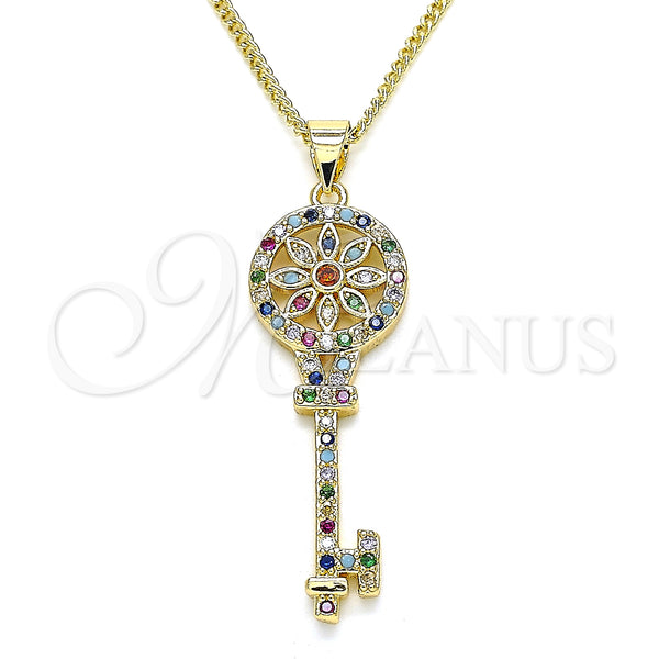 Gold Filled Necklace — Pendant Necklace key and Flower Design with Multicolor — main product view — SKU 135012 | Oro Laminado collar — Pendant Necklace key and flor diseño with Multicolor — SKU 135012