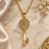 Oro Laminado Pendant Necklace, Gold Filled Style key and Flower Design, with Garnet Micro Pave, Polished, Golden Finish, 04.344.0006.1.20 (02 MM Thickness, 20 Inches Length)