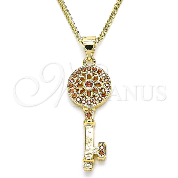 Gold Filled Necklace — Pendant Necklace key and Flower Design with Garnet — main product view — SKU 135014 | Oro Laminado collar — Pendant Necklace key and flor diseño with Garnet — SKU 135014