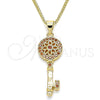 Oro Laminado Pendant Necklace, Gold Filled Style key and Flower Design, with Garnet Micro Pave, Polished, Golden Finish, 04.344.0006.1.20 (02 MM Thickness, 20 Inches Length)
