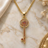 Oro Laminado Pendant Necklace, Gold Filled Style key Design, with Garnet Micro Pave, Polished, Golden Finish, 04.344.0007.1.20 (02 MM Thickness, 20 Inches Length)
