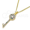 Oro Laminado Pendant Necklace, Gold Filled Style key Design, with Multicolor Micro Pave, Polished, Golden Finish, 04.344.0007.2.20 (02 MM Thickness, 20 Inches Length)