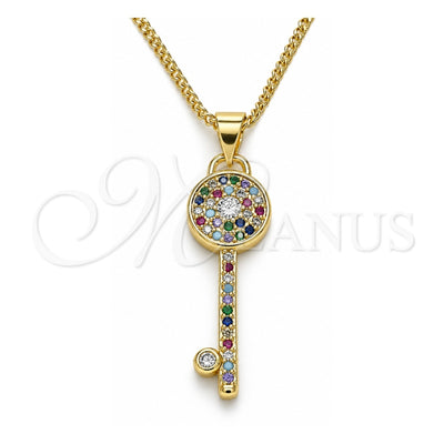 Oro Laminado Pendant Necklace, Gold Filled Style key Design, with Multicolor Micro Pave, Polished, Golden Finish, 04.344.0007.2.20 (02 MM Thickness, 20 Inches Length)