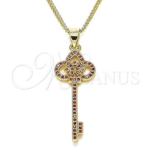 Oro Laminado Pendant Necklace, Gold Filled Style key Design, with Garnet Micro Pave, Polished, Golden Finish, 04.344.0008.1.20 (02 MM Thickness, 20 Inches Length)