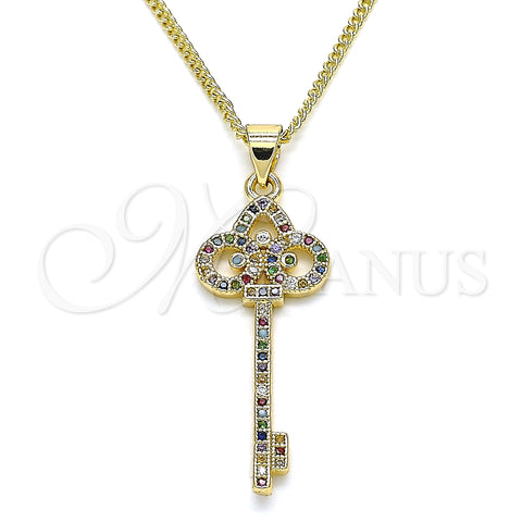 Oro Laminado Pendant Necklace, Gold Filled Style key Design, with Multicolor Micro Pave, Polished, Golden Finish, 04.344.0008.2.20 (02 MM Thickness, 20 Inches Length)