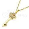 Oro Laminado Pendant Necklace, Gold Filled Style key and Crown Design, with Garnet Micro Pave, Polished, Golden Finish, 04.344.0009.1.20 (02 MM Thickness, 20 Inches Length)
