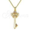 Oro Laminado Pendant Necklace, Gold Filled Style key and Crown Design, with Garnet Micro Pave, Polished, Golden Finish, 04.344.0009.1.20 (02 MM Thickness, 20 Inches Length)
