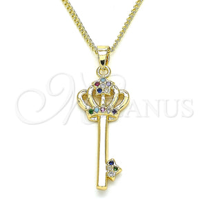 Gold Filled Necklace — Pendant Necklace key and Crown Design with Multicolor — main product view — SKU 135024 | Oro Laminado collar — Pendant Necklace key and Crown diseño with Multicolor — SKU 135024