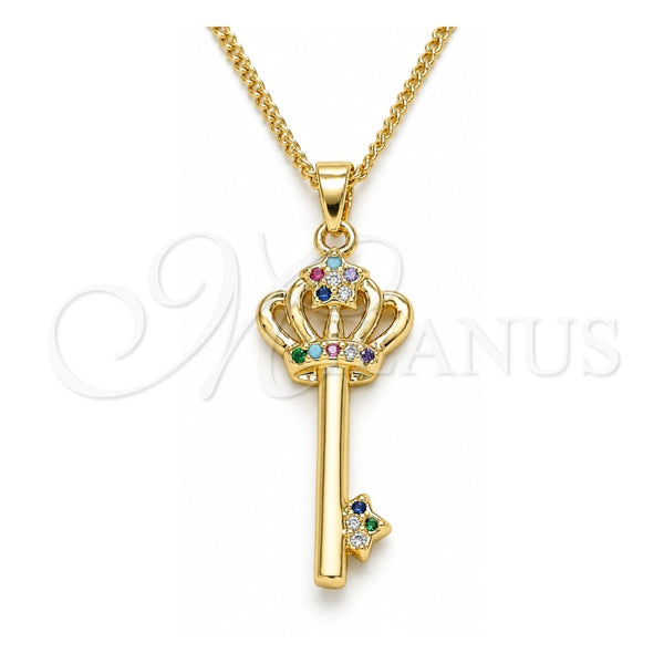 Oro Laminado Pendant Necklace, Gold Filled Style key and Crown Design, with Multicolor Micro Pave, Polished, Golden Finish, 04.344.0009.2.20 (02 MM Thickness, 20 Inches Length)