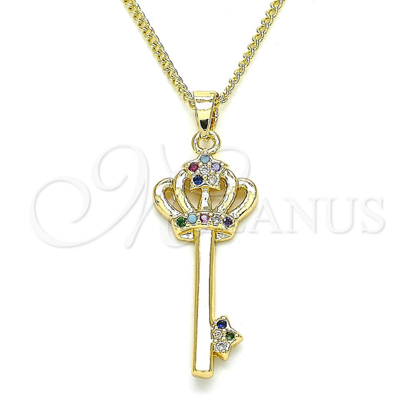 Gold Filled Necklace — Pendant Necklace key and Crown Design with Multicolor — main product view — SKU 135024 | Oro Laminado collar — Pendant Necklace key and Crown diseño with Multicolor — SKU 135024