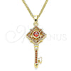 Oro Laminado Pendant Necklace, Gold Filled Style key Design, with Garnet Micro Pave, Polished, Golden Finish, 04.344.0011.1.20 (02 MM Thickness, 20 Inches Length)