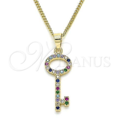 Oro Laminado Pendant Necklace, Gold Filled Style key Design, with Multicolor Micro Pave, Polished, Golden Finish, 04.344.0012.2.20 (02 MM Thickness, 20 Inches Length)