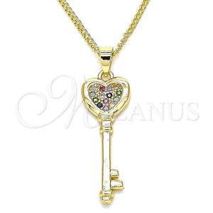 Gold Filled Necklace — Pendant Necklace key and Heart Design with Multicolor — main product view — SKU 135036 | Oro Laminado collar — Pendant Necklace key and corazón diseño with Multicolor — SKU 135036
