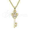 Oro Laminado Pendant Necklace, Gold Filled Style key and Crown Design, with White Micro Pave, Polished, Golden Finish, 04.344.0014.20 (02 MM Thickness, 20 Inches Length)