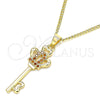 Oro Laminado Pendant Necklace, Gold Filled Style key and Crown Design, with Garnet Micro Pave, Polished, Golden Finish, 04.344.0014.1.20 (02 MM Thickness, 20 Inches Length)