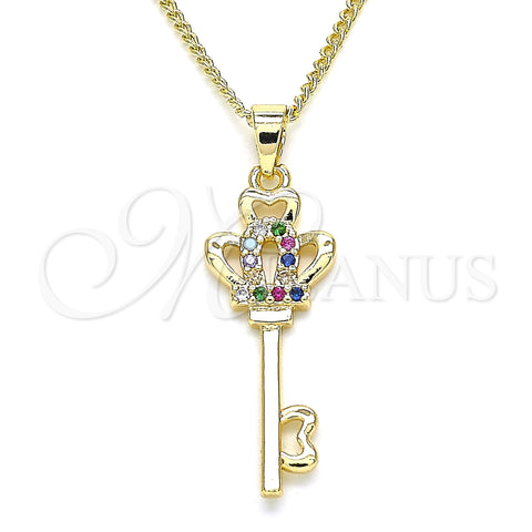 Oro Laminado Pendant Necklace, Gold Filled Style key and Crown Design, with Multicolor Micro Pave, Polished, Golden Finish, 04.344.0014.2.20 (02 MM Thickness, 20 Inches Length)