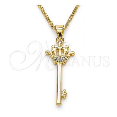 Oro Laminado Pendant Necklace, Gold Filled Style key and Crown Design, with White Micro Pave, Polished, Golden Finish, 04.344.0015.20 (02 MM Thickness, 20 Inches Length)