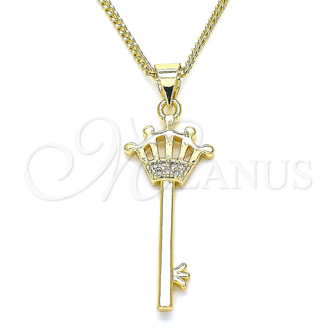Oro Laminado Pendant Necklace, Gold Filled Style key and Crown Design, with White Micro Pave, Polished, Golden Finish, 04.344.0015.20 (02 MM Thickness, 20 Inches Length)