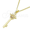 Oro Laminado Pendant Necklace, Gold Filled Style key and Crown Design, with Garnet Micro Pave, Polished, Golden Finish, 04.344.0015.1.20 (02 MM Thickness, 20 Inches Length)