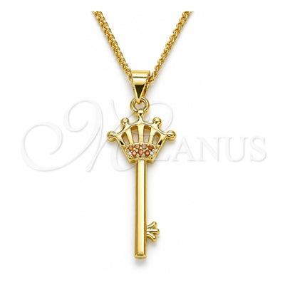 Oro Laminado Pendant Necklace, Gold Filled Style key and Crown Design, with Garnet Micro Pave, Polished, Golden Finish, 04.344.0015.1.20 (02 MM Thickness, 20 Inches Length)