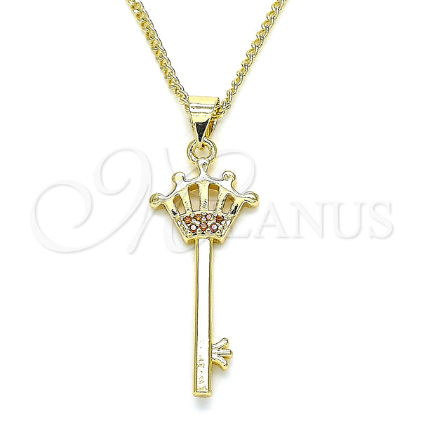 Oro Laminado Pendant Necklace, Gold Filled Style key and Crown Design, with Garnet Micro Pave, Polished, Golden Finish, 04.344.0015.1.20 (02 MM Thickness, 20 Inches Length)