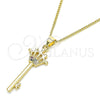 Oro Laminado Pendant Necklace, Gold Filled Style key and Crown Design, with Multicolor Micro Pave, Polished, Golden Finish, 04.344.0015.2.20 (02 MM Thickness, 20 Inches Length)