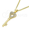 Oro Laminado Pendant Necklace, Gold Filled Style key and Heart Design, with White Micro Pave, Polished, Golden Finish, 04.344.0016.20 (02 MM Thickness, 20 Inches Length)