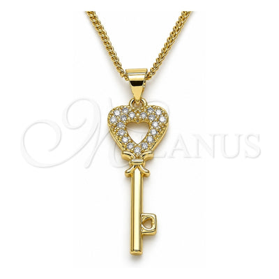 Oro Laminado Pendant Necklace, Gold Filled Style key and Heart Design, with White Micro Pave, Polished, Golden Finish, 04.344.0016.20 (02 MM Thickness, 20 Inches Length)