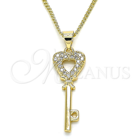 Oro Laminado Pendant Necklace, Gold Filled Style key and Heart Design, with White Micro Pave, Polished, Golden Finish, 04.344.0016.20 (02 MM Thickness, 20 Inches Length)