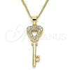 Oro Laminado Pendant Necklace, Gold Filled Style key and Heart Design, with White Micro Pave, Polished, Golden Finish, 04.344.0016.20 (02 MM Thickness, 20 Inches Length)