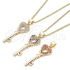 Oro Laminado Pendant Necklace, Gold Filled Style key and Heart Design, with White Micro Pave, Polished, Golden Finish, 04.344.0016.20 (02 MM Thickness, 20 Inches Length)