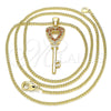 Oro Laminado Pendant Necklace, Gold Filled Style key and Heart Design, with Garnet Micro Pave, Polished, Golden Finish, 04.344.0016.1.20 (02 MM Thickness, 20 Inches Length)