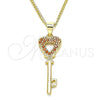Oro Laminado Pendant Necklace, Gold Filled Style key and Heart Design, with Garnet Micro Pave, Polished, Golden Finish, 04.344.0016.1.20 (02 MM Thickness, 20 Inches Length)