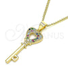 Oro Laminado Pendant Necklace, Gold Filled Style key and Heart Design, with Multicolor Micro Pave, Polished, Golden Finish, 04.344.0016.2.20 (02 MM Thickness, 20 Inches Length)