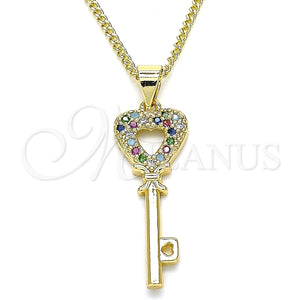 Gold Filled Necklace — Pendant Necklace key and Heart Design with Multicolor — main product view — SKU 135045 | Oro Laminado collar — Pendant Necklace key and corazón diseño with Multicolor — SKU 135045