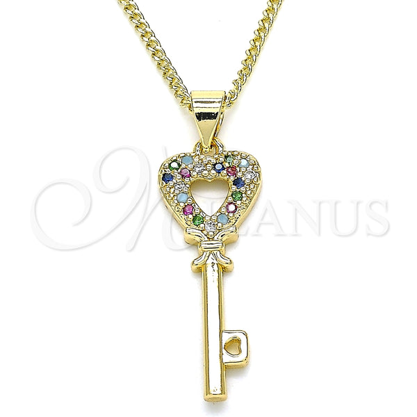 Gold Filled Necklace — Pendant Necklace key and Heart Design with Multicolor — main product view — SKU 135045 | Oro Laminado collar — Pendant Necklace key and corazón diseño with Multicolor — SKU 135045