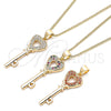 Oro Laminado Pendant Necklace, Gold Filled Style key and Heart Design, with Multicolor Micro Pave, Polished, Golden Finish, 04.344.0016.2.20 (02 MM Thickness, 20 Inches Length)