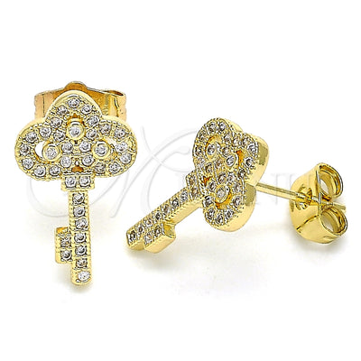 Oro Laminado Stud Earring, Gold Filled Style key Design, with White Micro Pave, Polished, Golden Finish for wholesale, main product view