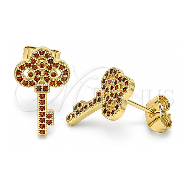 Oro Laminado Stud Earring, Gold Filled Style key Design, with Garnet Micro Pave, Polished, Golden Finish, 02.344.0062.1