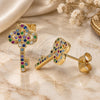 Oro Laminado Stud Earring, Gold Filled Style key Design, with Multicolor Micro Pave, Polished, Golden Finish, 02.344.0062.2
