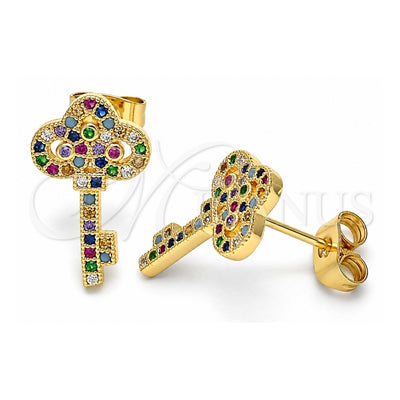 Oro Laminado Stud Earring, Gold Filled Style key Design, with Multicolor Micro Pave, Polished, Golden Finish, 02.344.0062.2