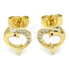 Oro Laminado Stud Earring, Gold Filled Style Heart and Dolphin Design, with White and Ruby Micro Pave, Polished, Golden Finish, 02.344.0063