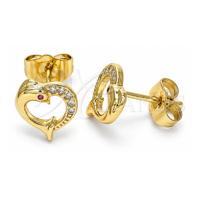 Oro Laminado Stud Earring, Gold Filled Style Heart and Dolphin Design, with White and Ruby Micro Pave, Polished, Golden Finish, 02.344.0063