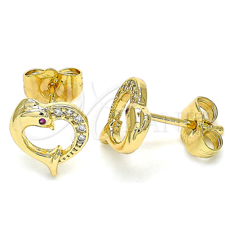 Oro Laminado Stud Earring, Gold Filled Style Heart and Dolphin Design, with White and Ruby Micro Pave, Polished, Golden Finish, 02.344.0063