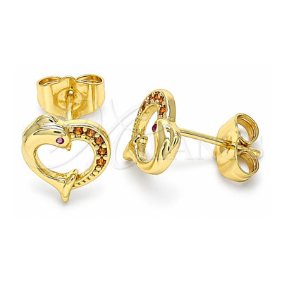 Oro Laminado Stud Earring, Gold Filled Style Heart and Dolphin Design, with Garnet Micro Pave, Polished, Golden Finish, 02.344.0063.1