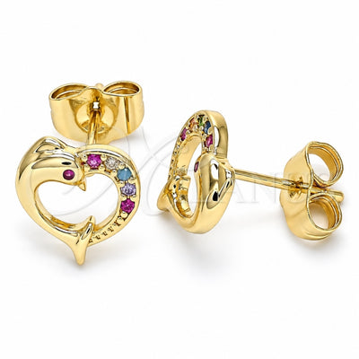 Oro Laminado Pendant Necklace, Gold Filled Style Heart and Dolphin Design, with Multicolor Micro Pave, Polished, Golden Finish, 02.344.0063.2 (15 Inches Length)