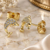 Oro Laminado Stud Earring, Gold Filled Style Dolphin Design, with White Micro Pave, Polished, Golden Finish, 02.344.0064