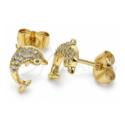 Oro Laminado Stud Earring, Gold Filled Style Dolphin Design, with White Micro Pave, Polished, Golden Finish, 02.344.0064